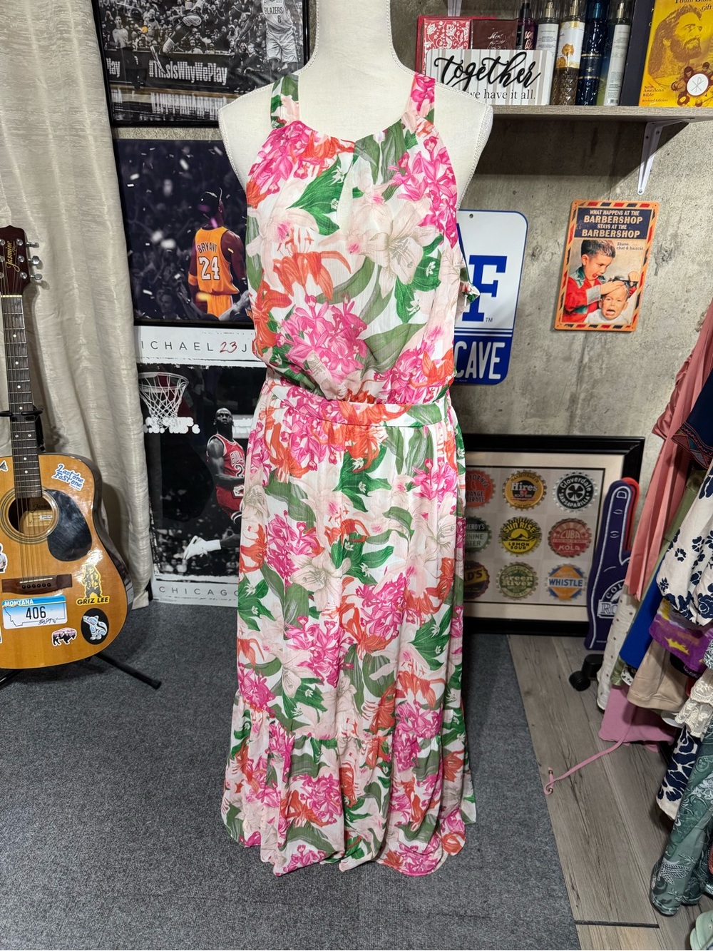 CeCe Pink & Green Floral Halter Maxi Dress